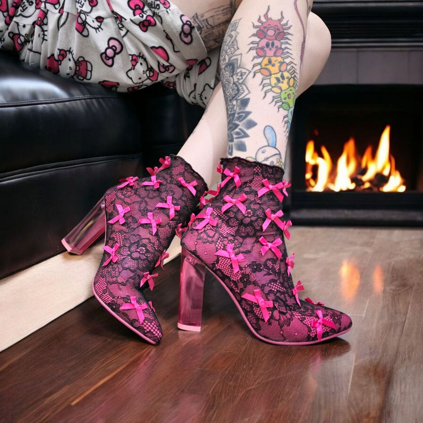 Rubina Portrait Mode Booties W/ Transparent Heel & Bow Accents -  - Shoes