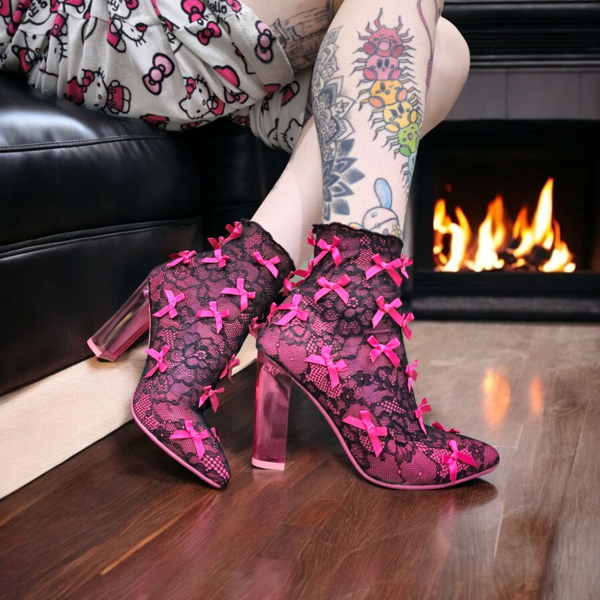 Rubina Portrait Mode Booties W/ Transparent Heel & Bow Accents -  - Shoes