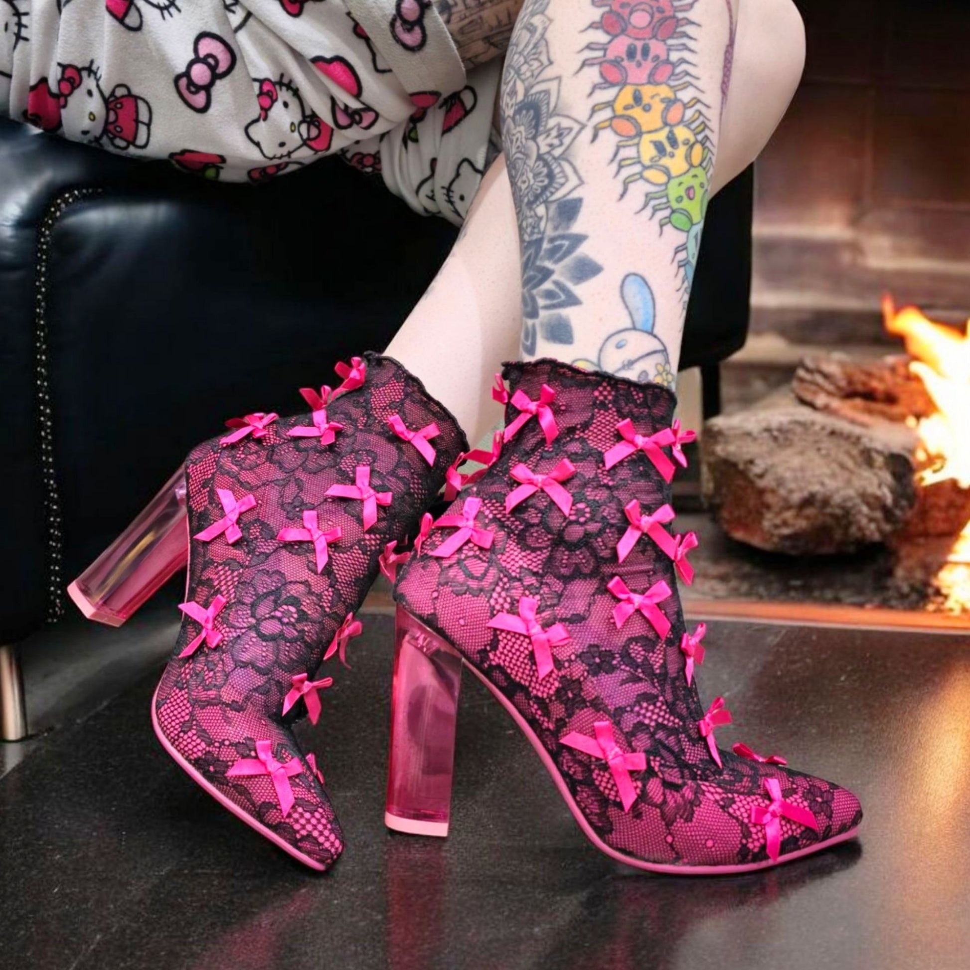 Rubina Portrait Mode Booties W/ Transparent Heel & Bow Accents -  - Shoes