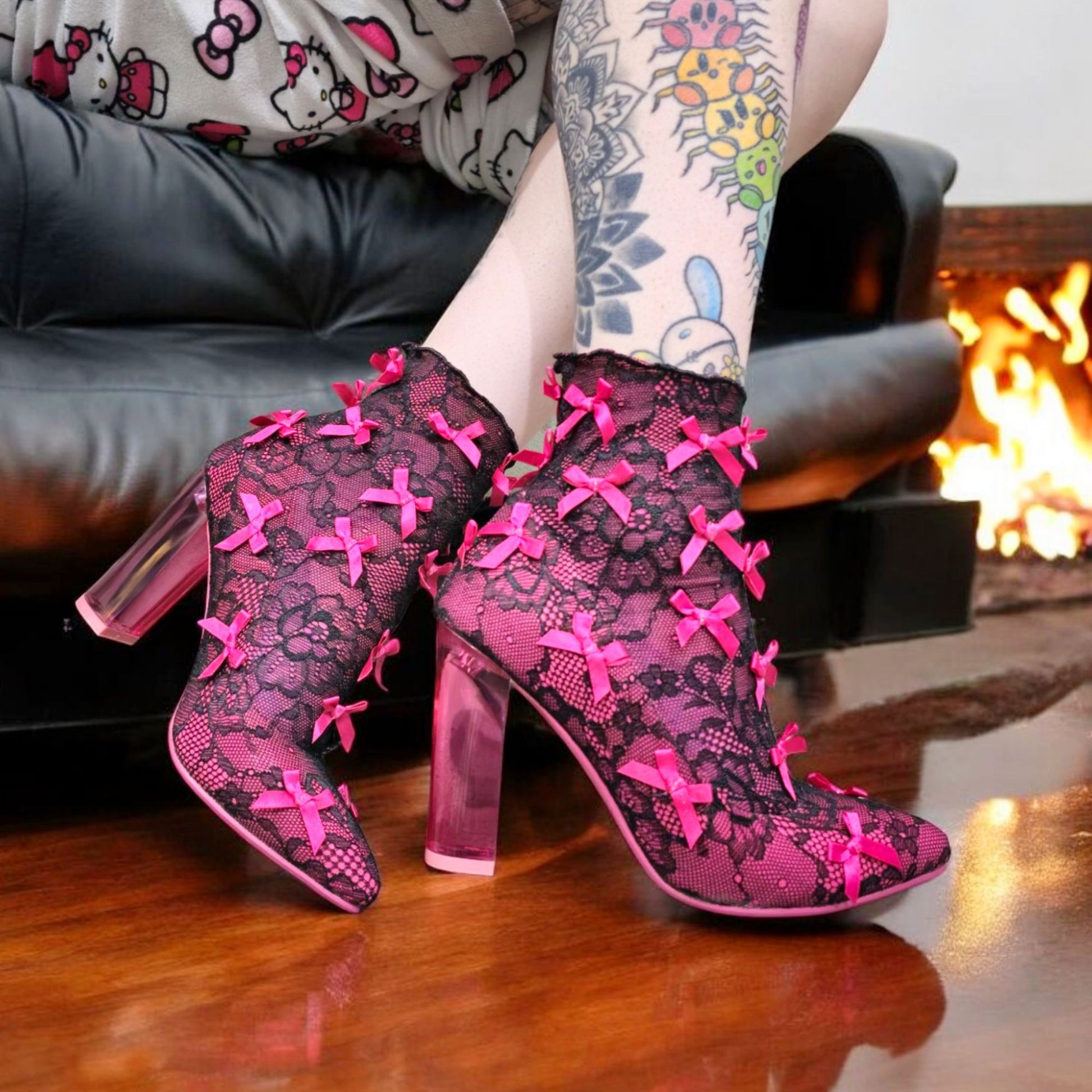 Rubina Portrait Mode Booties W/ Transparent Heel & Bow Accents -  - Shoes