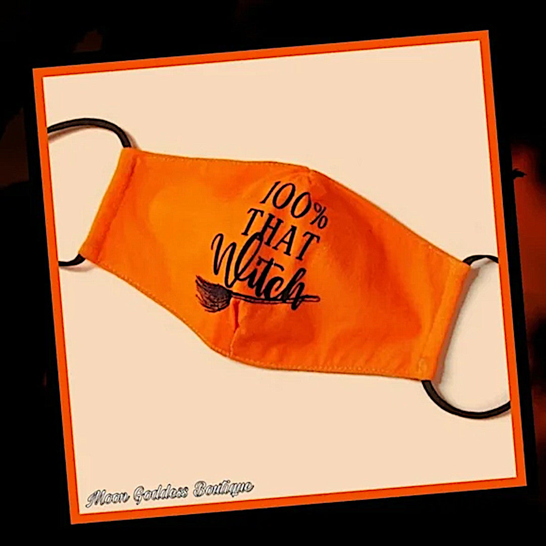 Face Mask | 100% That Witch Orange Black Adjustable Straps Comfort Gothic - A Gothic Universe - Face Masks