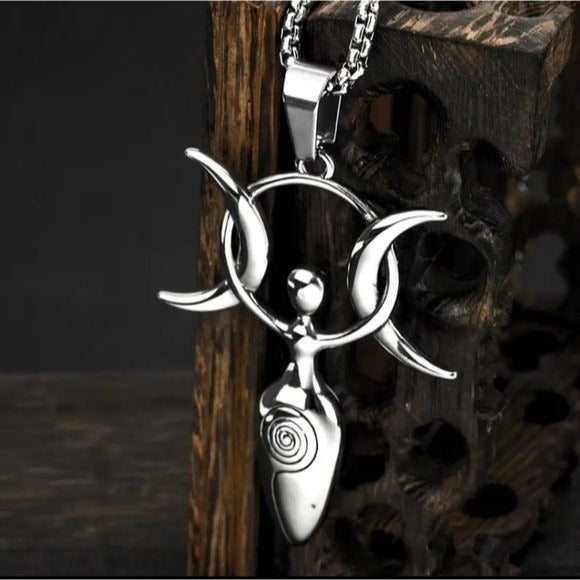 Triple Moon Goddess Necklace | Stainless Steel Shined Wiccan - A Gothic Universe - Jewelry