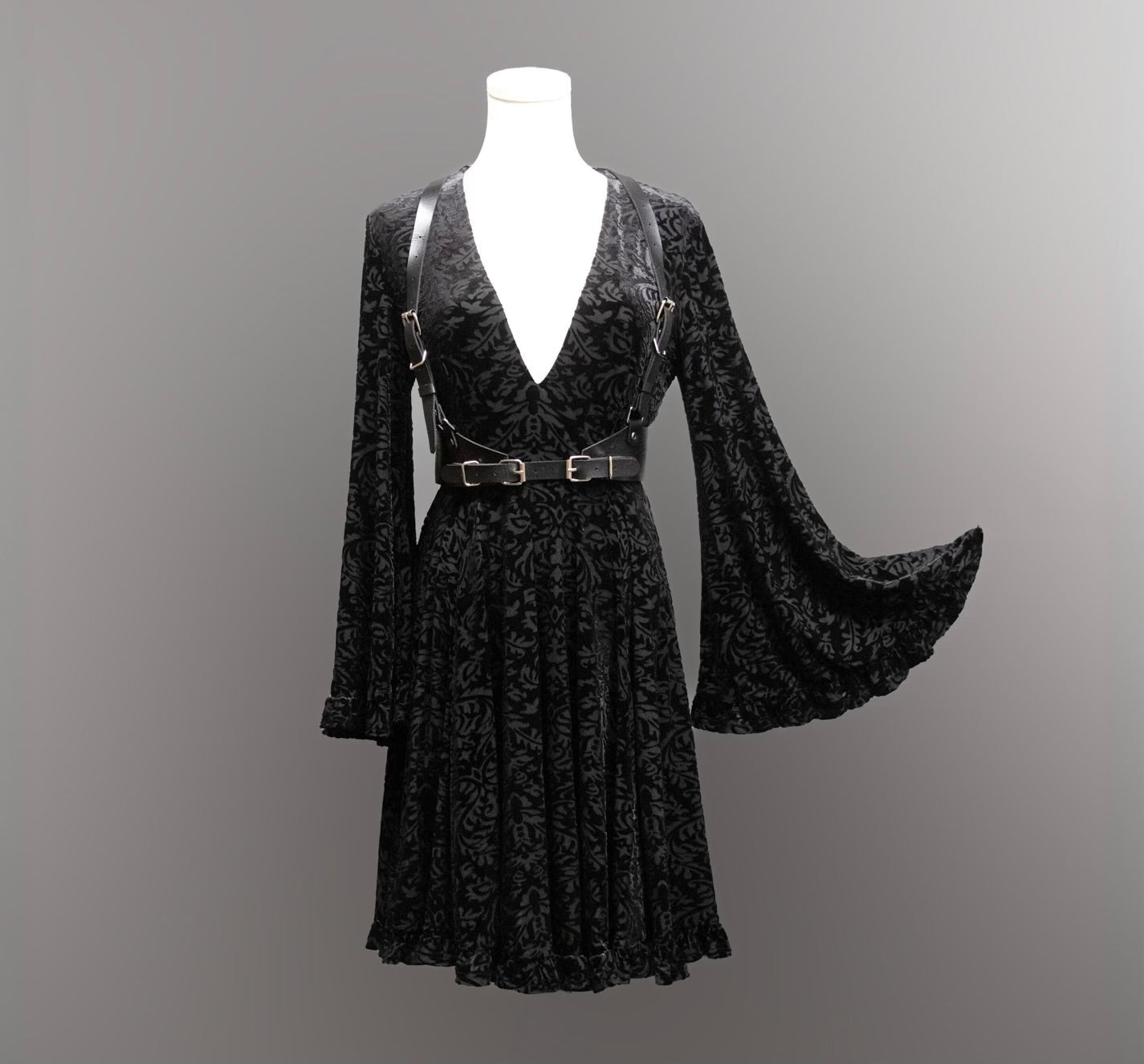 Nyx - Bell Sleeved Velvet Damask Dress with Harness - READY TO SHIP! -  - 