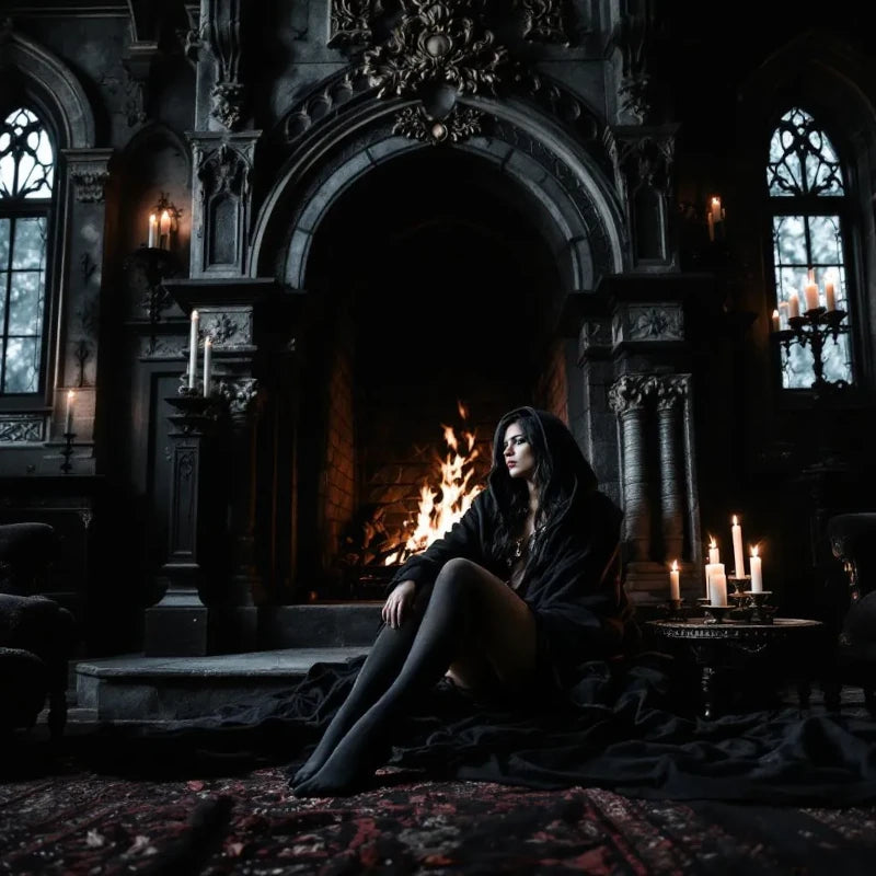 Woman in a dark robe sitting by a fireplace in an ornate room with candles.