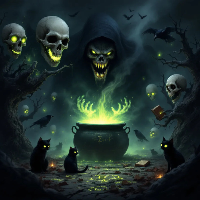 Mystical scene with a hooded figure, glowing cauldron, and skulls in a dark forest.