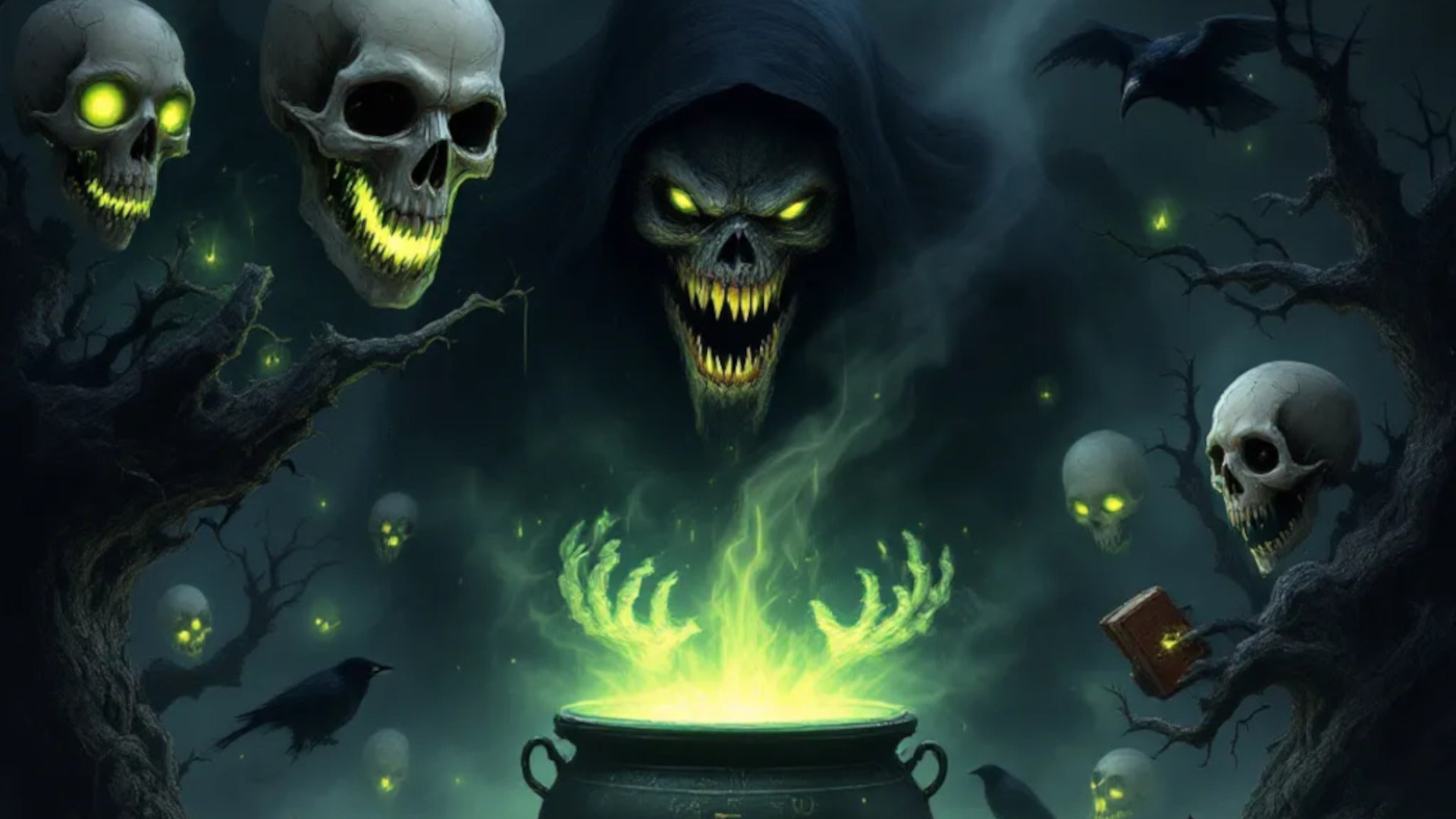 Dark fantasy scene with a hooded figure, glowing green cauldron, and skulls in a mystical setting.