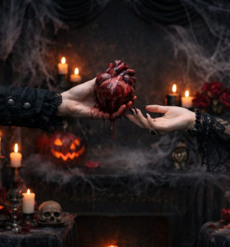 Goth man handing heart to woman.