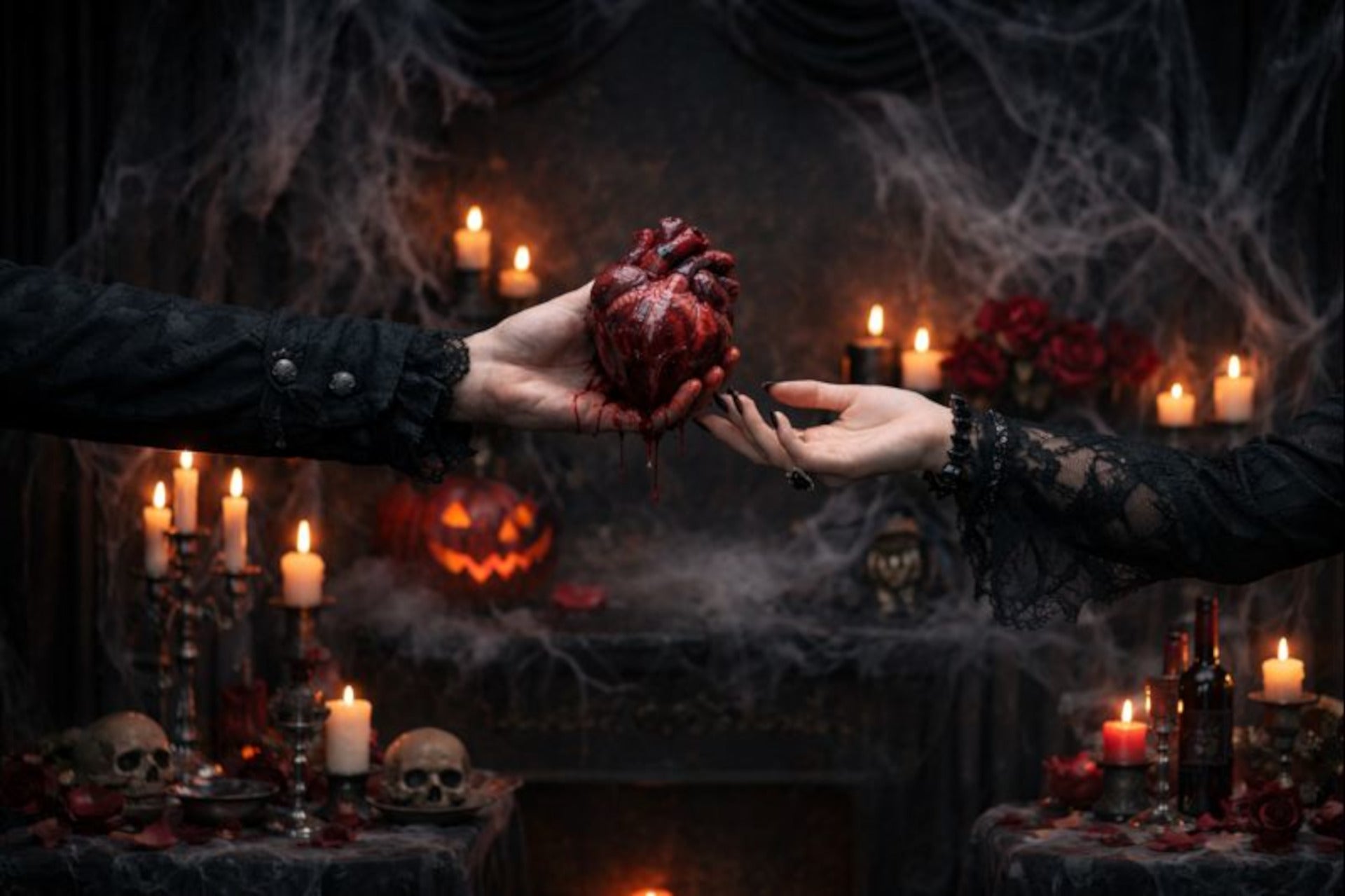 Goth man handing heart to woman.