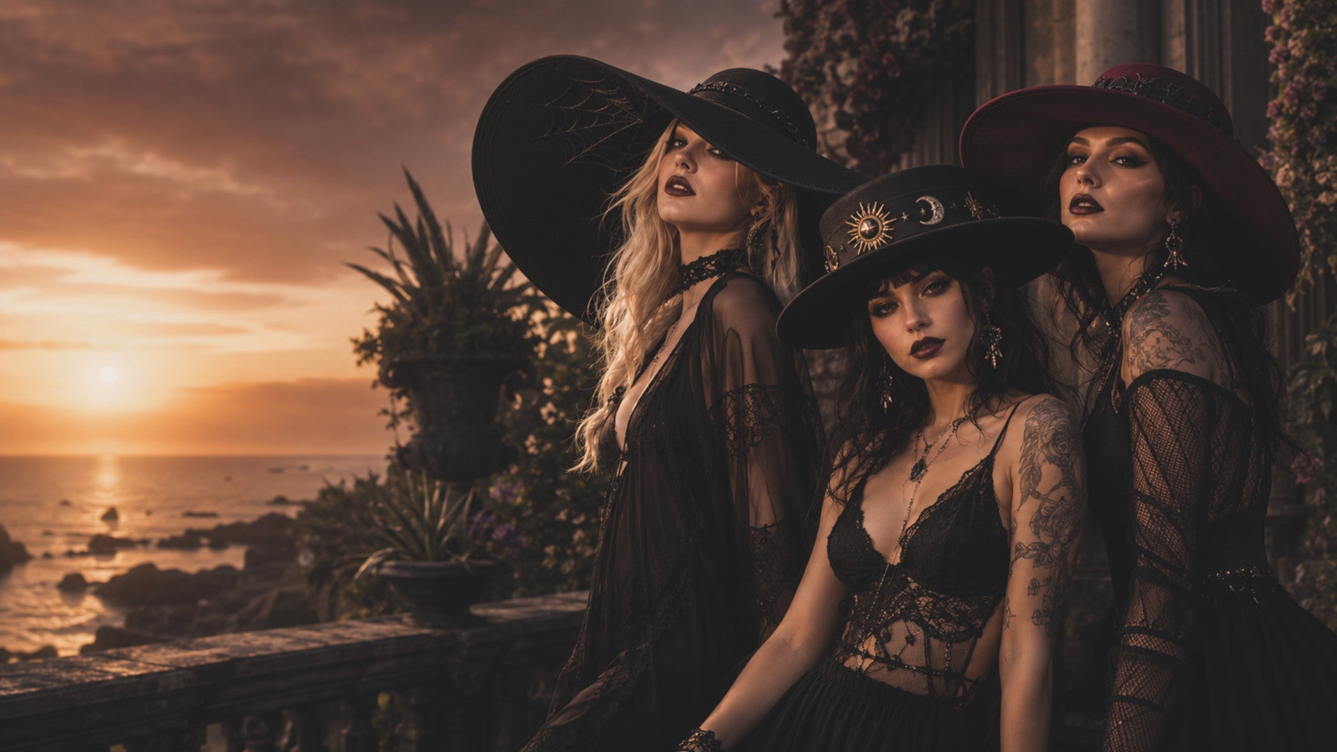 Three women in dark hats and dresses standing by a sunset by the sea.