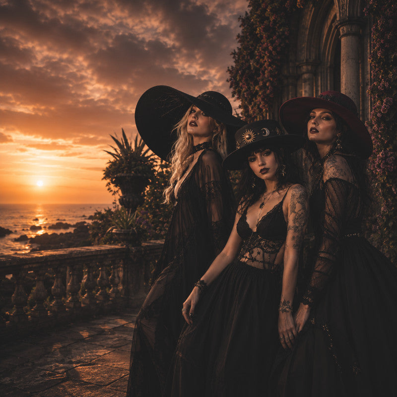 Three women in dark hats and dresses standing by a sunset by the sea.