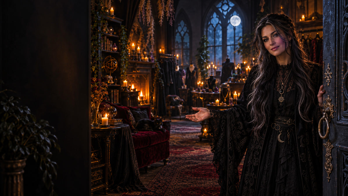 A woman in a dark medieval-style gown stands in a candle-lit gothic interior with arched windows, shelves, and red velvet seating.