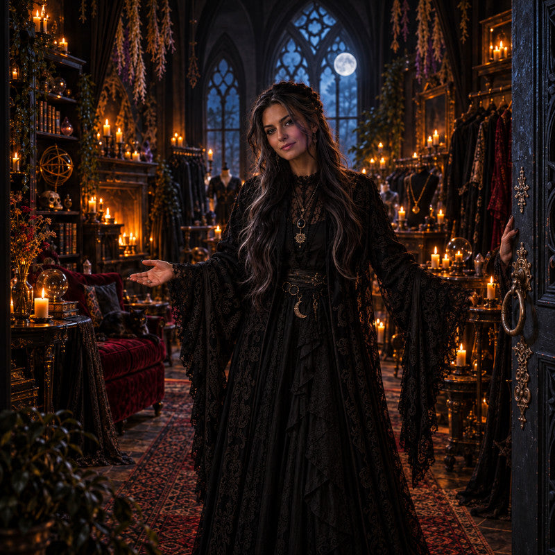 A woman in a long black gothic dress stands in a candle-lit gothic shop or hall, with shelves, hanging garments, and warm candlelight surrounding her.