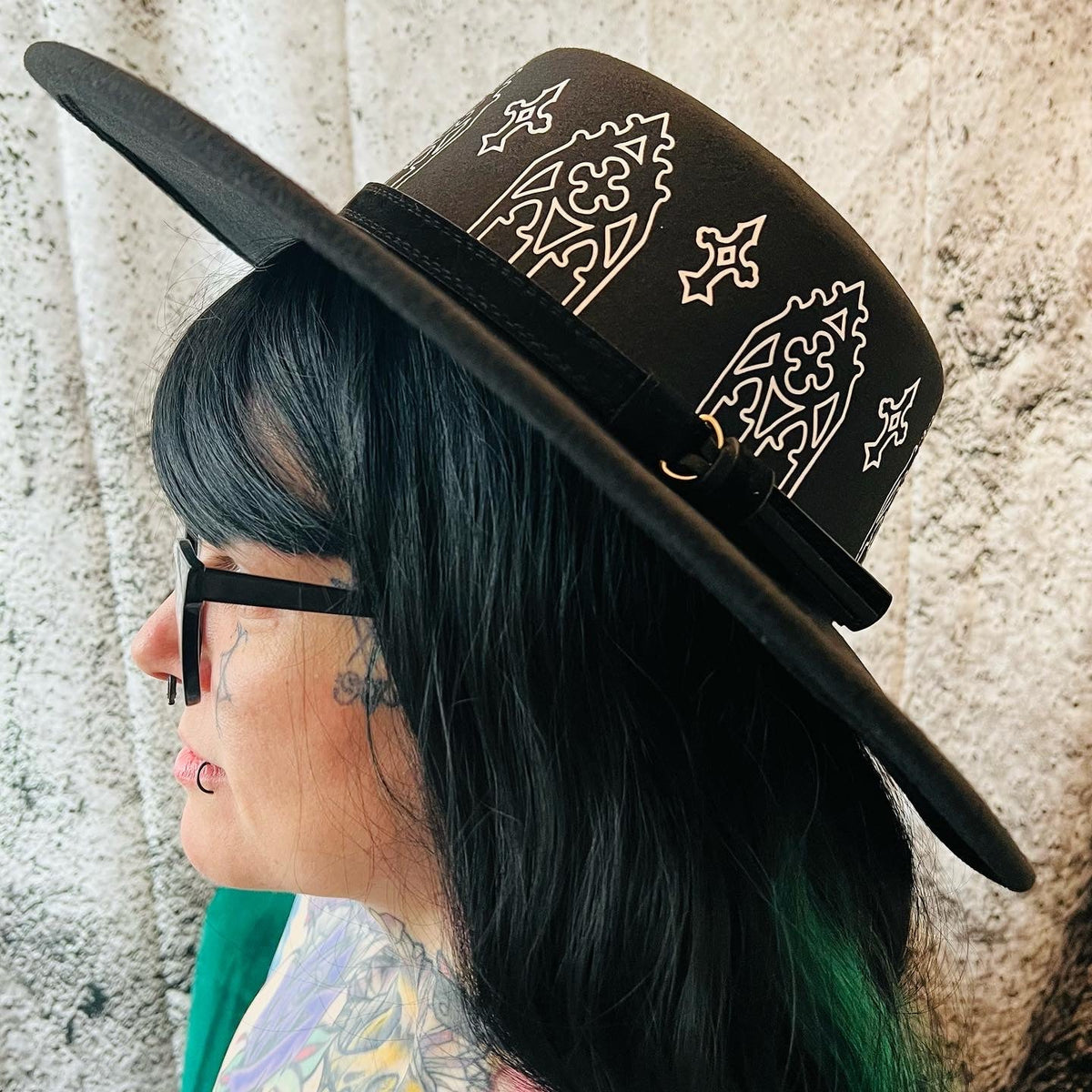 Vegan Felt Wide Brim Hat - Flat Top XL Brim - "Rot Iron Arches" -  - 