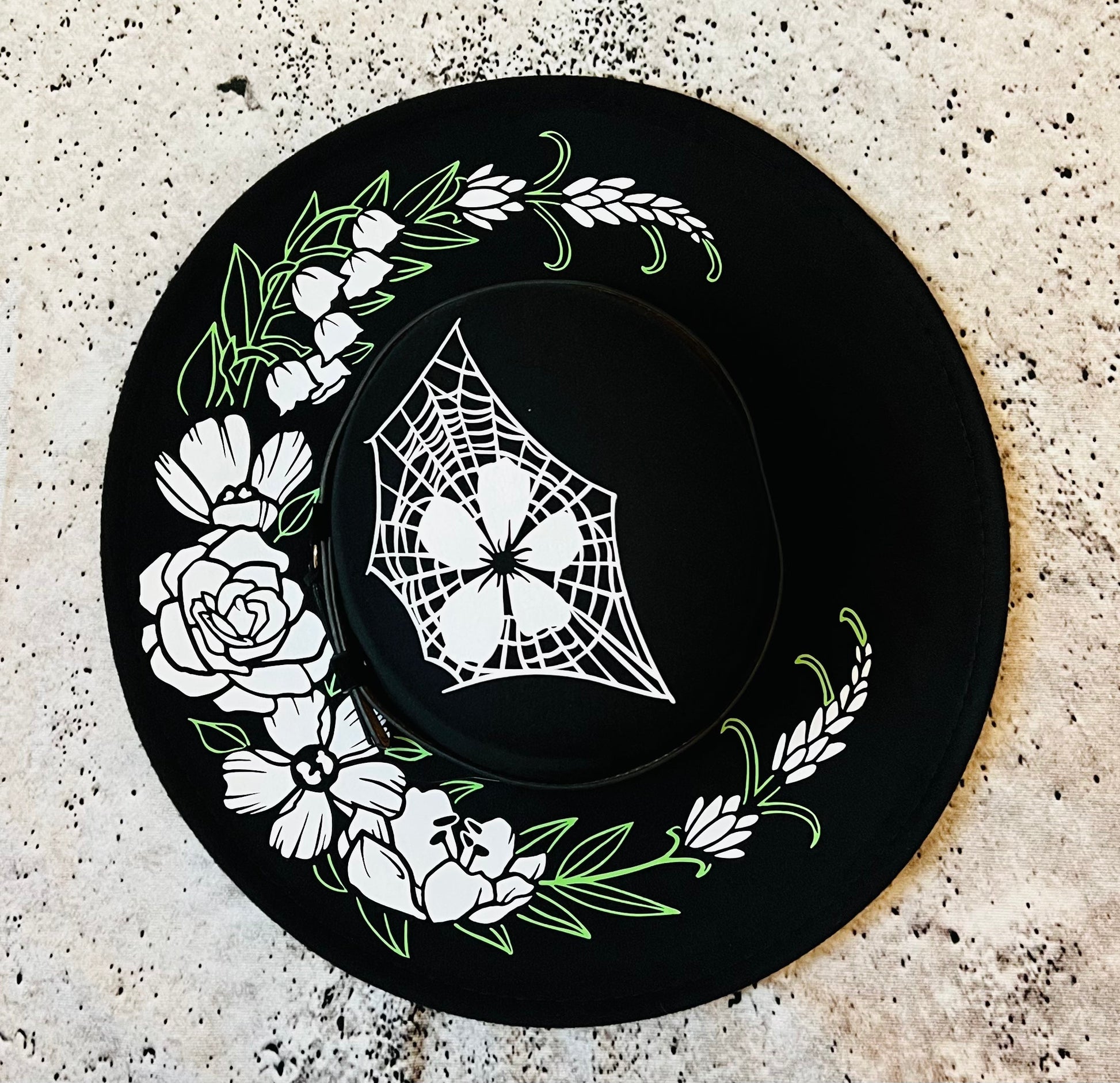 Vegan Felt Wide Brim Hat - Flat Top XL Brim - "Floral Crescent moon" -  - 