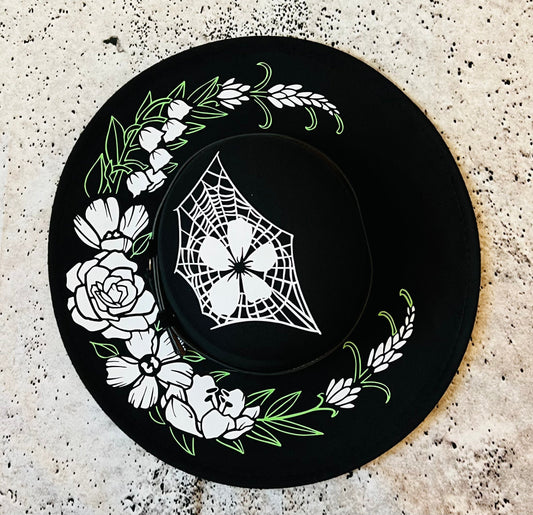 Vegan Felt Wide Brim Hat - Flat Top XL Brim - "Floral Crescent moon" -  - 