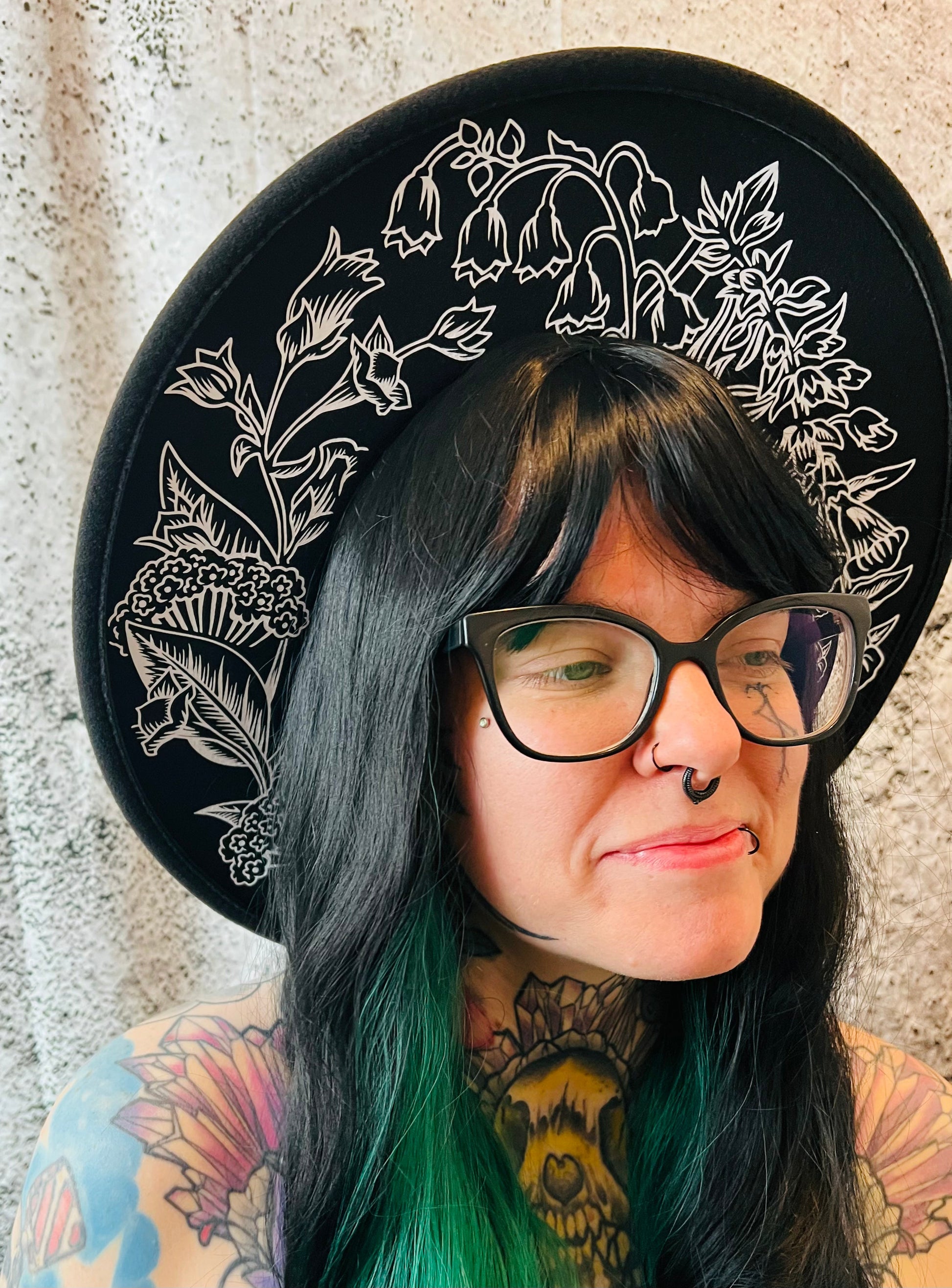 Vegan Felt Wide Brim Hat - XL Brim - "Deadly Garden" -  - 