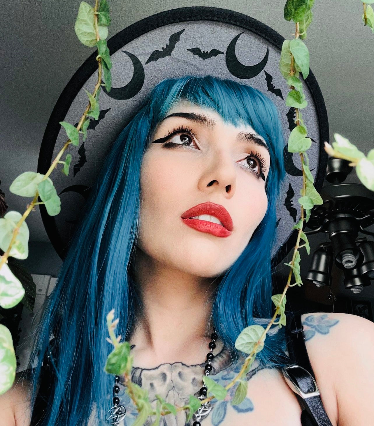 Vegan Felt Wide Brim Hat - "Charcoal Bat Moon" -  - 