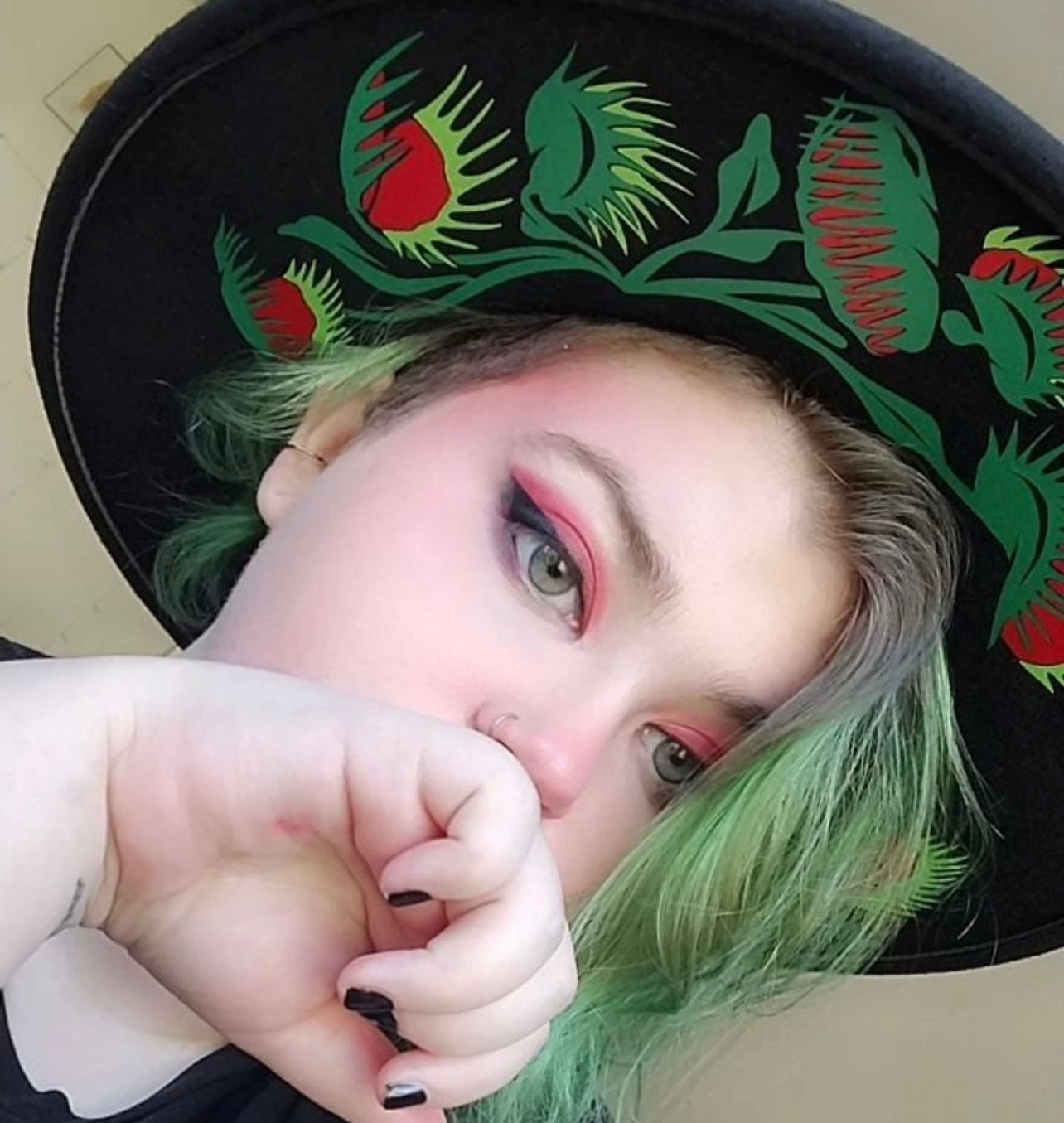 Vegan Felt Wide Brim Hat - XL Brim - "Venus Fly Traps" -  - 