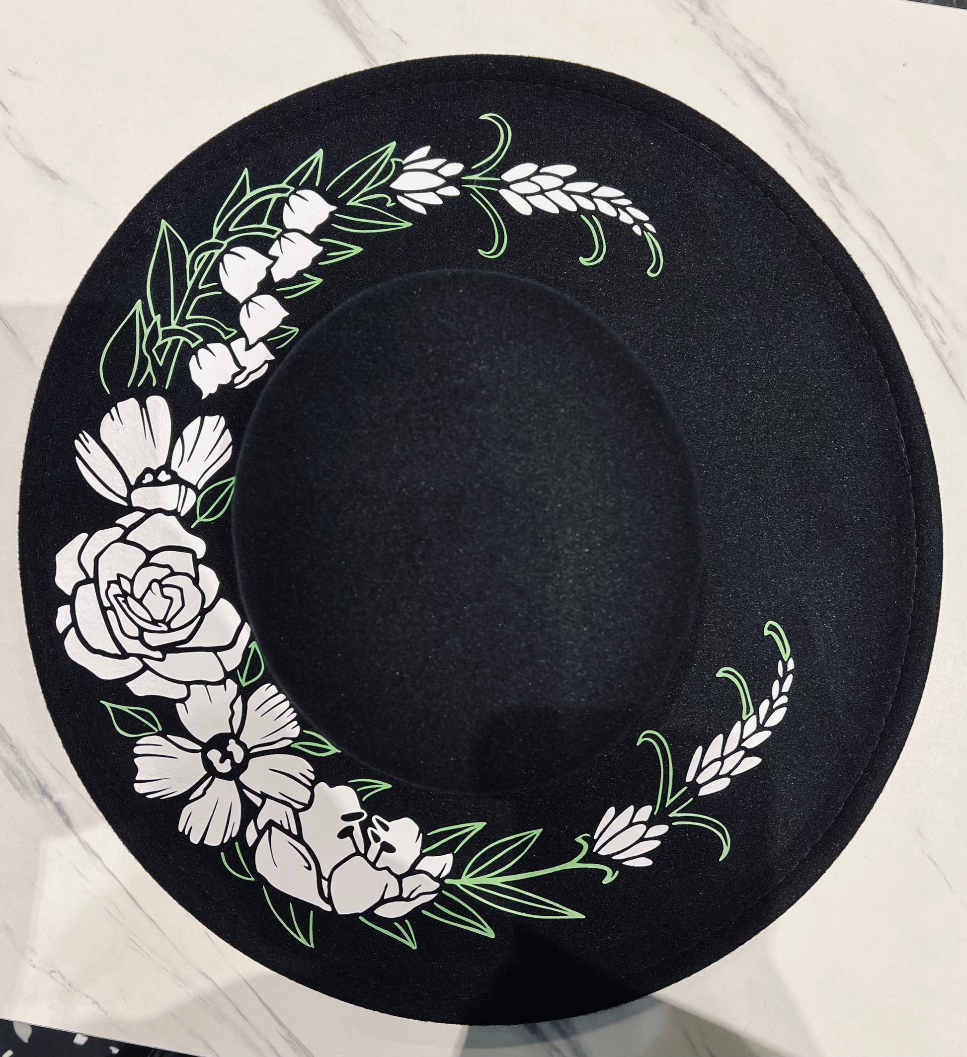 Vegan Felt Wide Brim Hat - Flat Top XL Brim - "Floral Crescent moon" -  - 