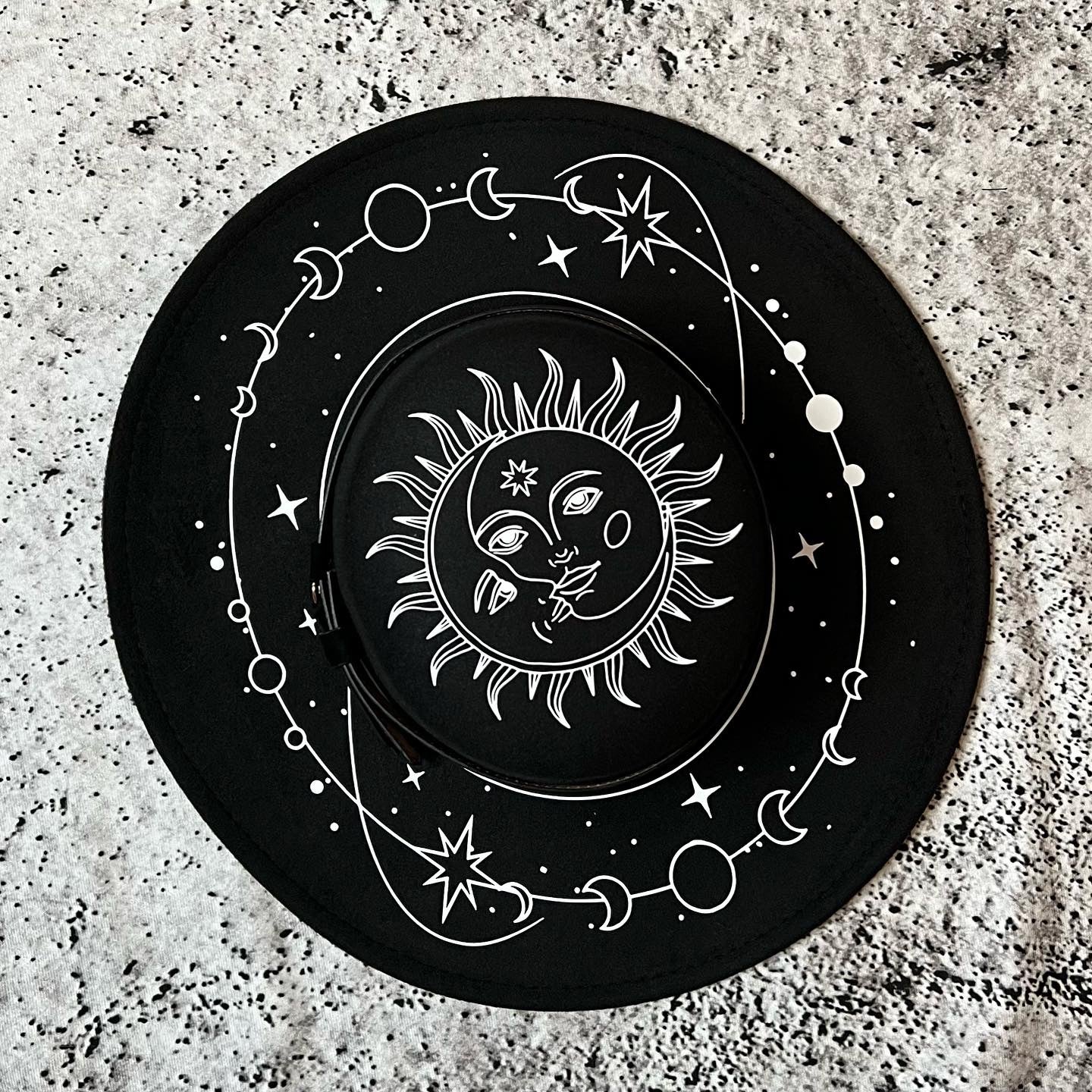 Vegan Felt Wide Brim Hat - Flat Top XL Brim - "Celestial Sun/Moon" -  - 