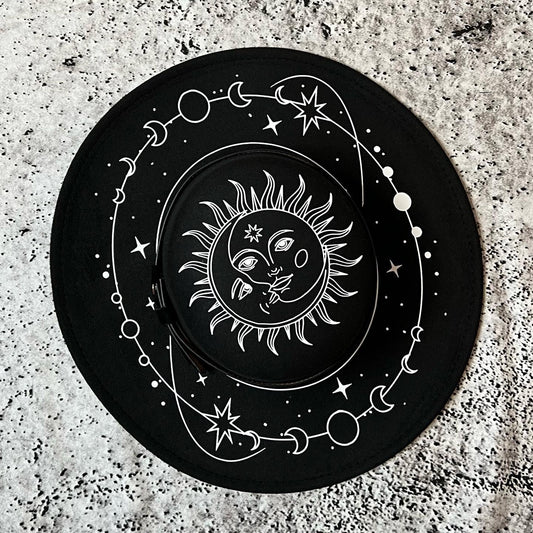 Vegan Felt Wide Brim Hat - Flat Top XL Brim - "Celestial Sun/Moon" -  - 