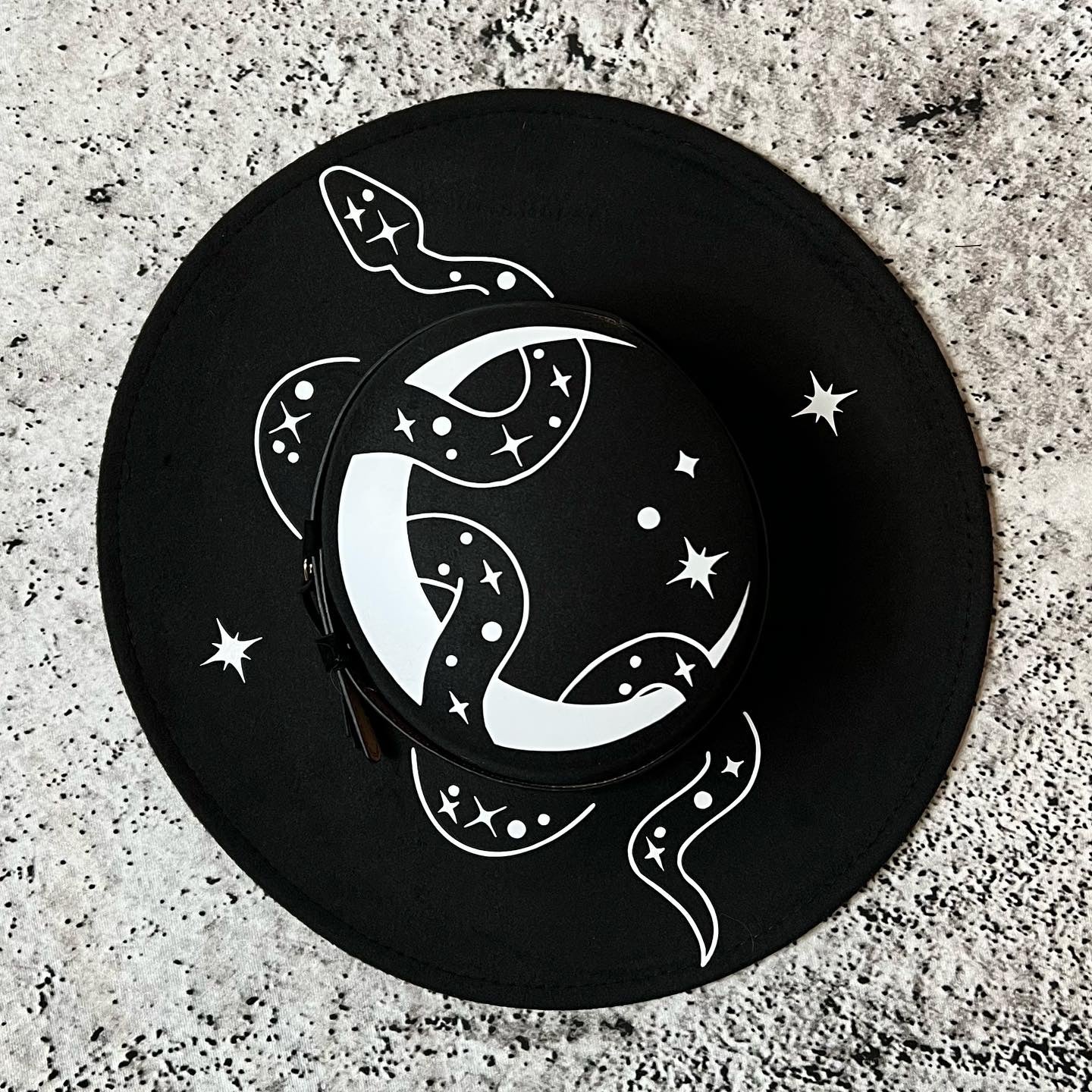 Vegan Felt Wide Brim Hat - Flat Top XL Brim - "Snake Moon" -  - 