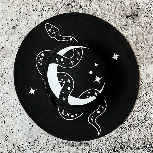 Vegan Felt Wide Brim Hat - Flat Top XL Brim - "Snake Moon" -  - 