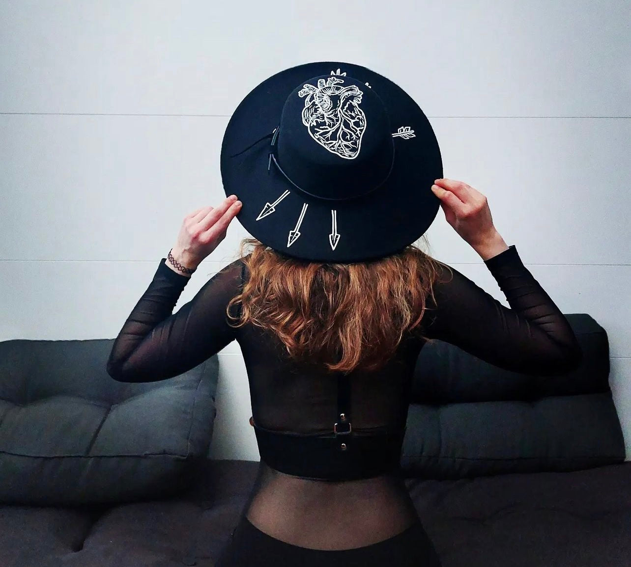 Vegan Felt Wide Brim Hat - Flat Top XL Brim - "Arrows Through Heart" -  - 