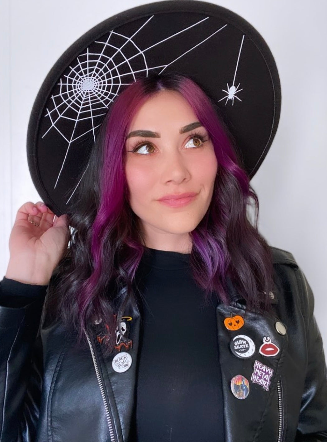 Vegan Felt Hat - XL Brim - Hanging Spider Web -  - 