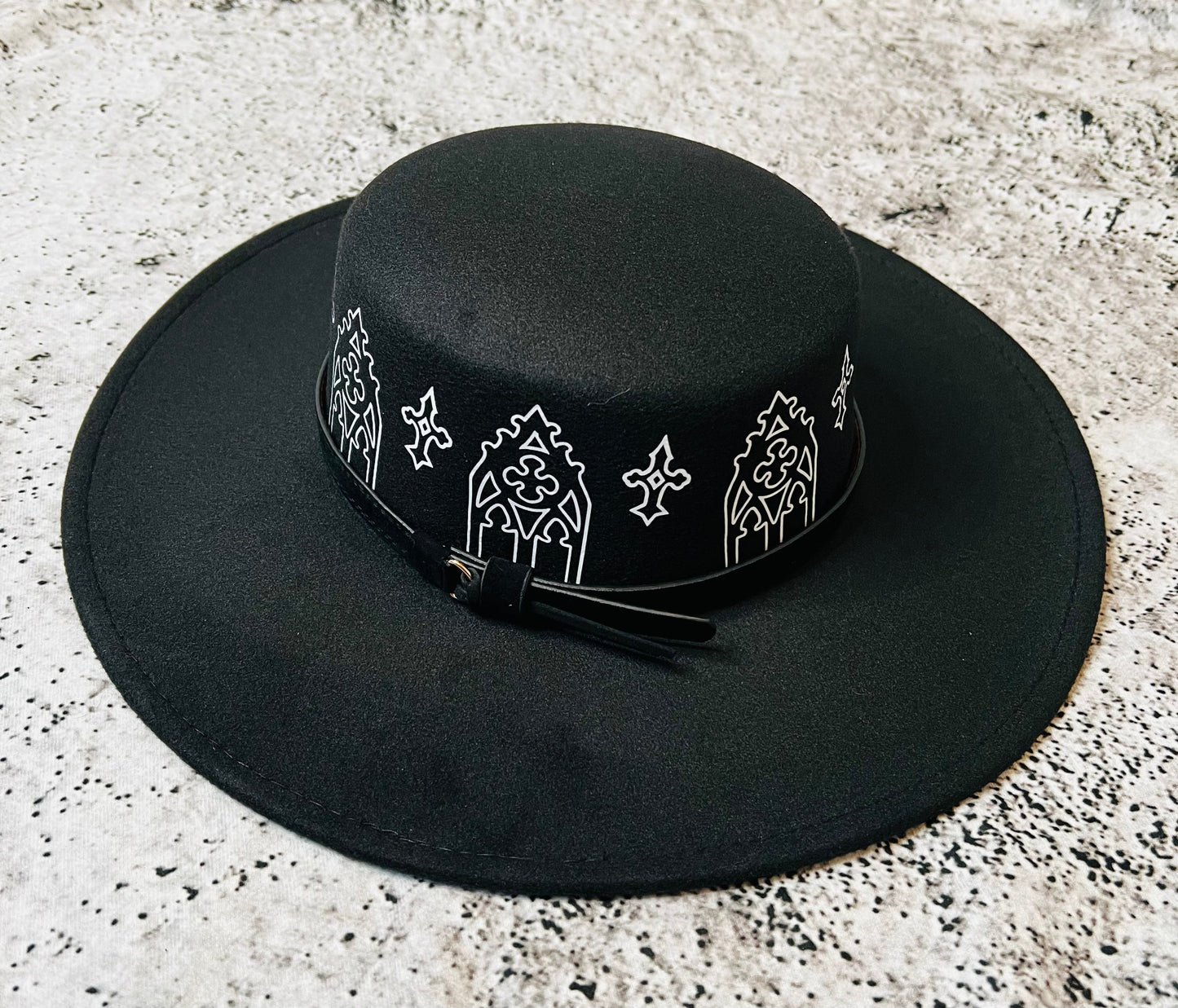 Vegan Felt Wide Brim Hat - Flat Top XL Brim - "Rot Iron Arches" -  - 