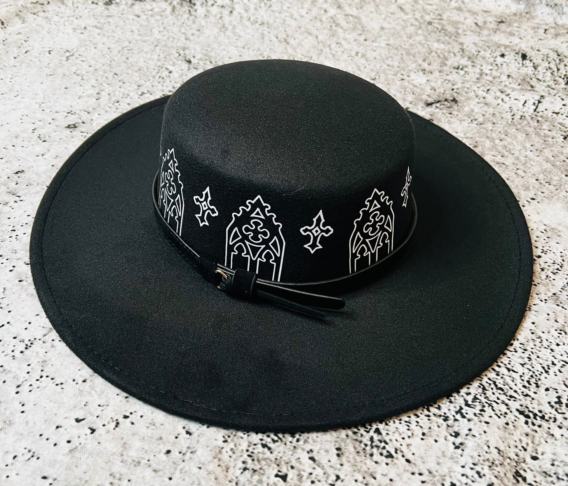 Vegan Felt Wide Brim Hat - Flat Top XL Brim - "Rot Iron Arches" -  - 