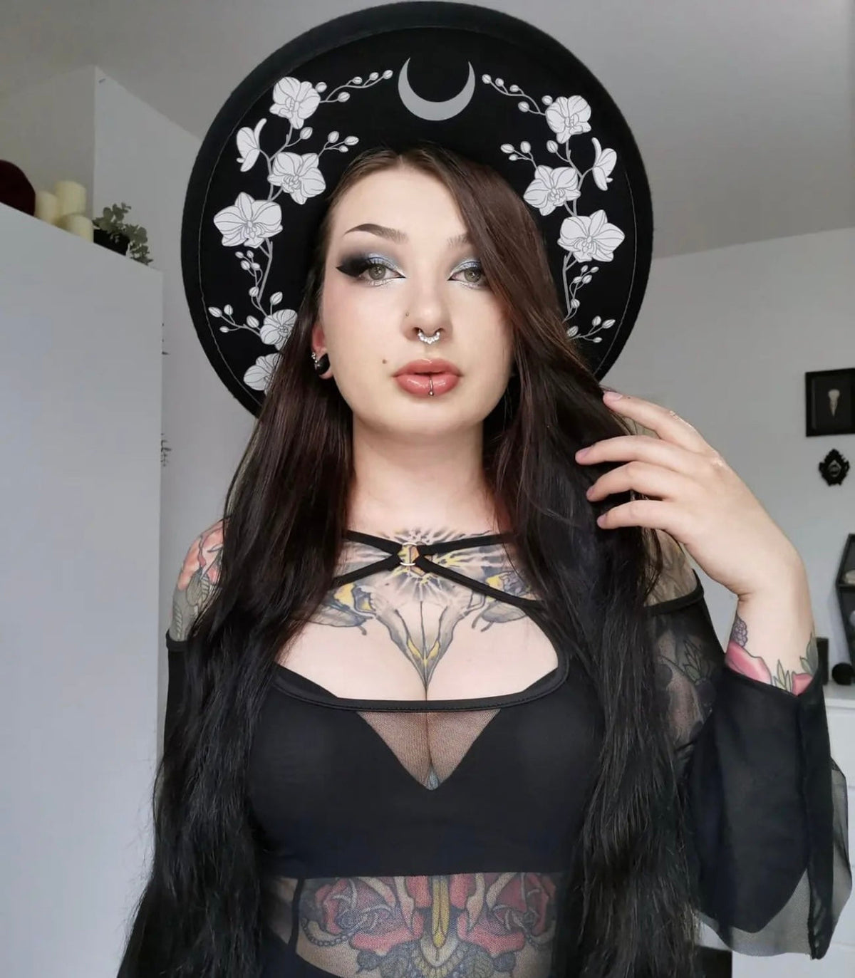 Vegan Felt Wide Brim Hat - XL Brim - "Orchids" -  - 