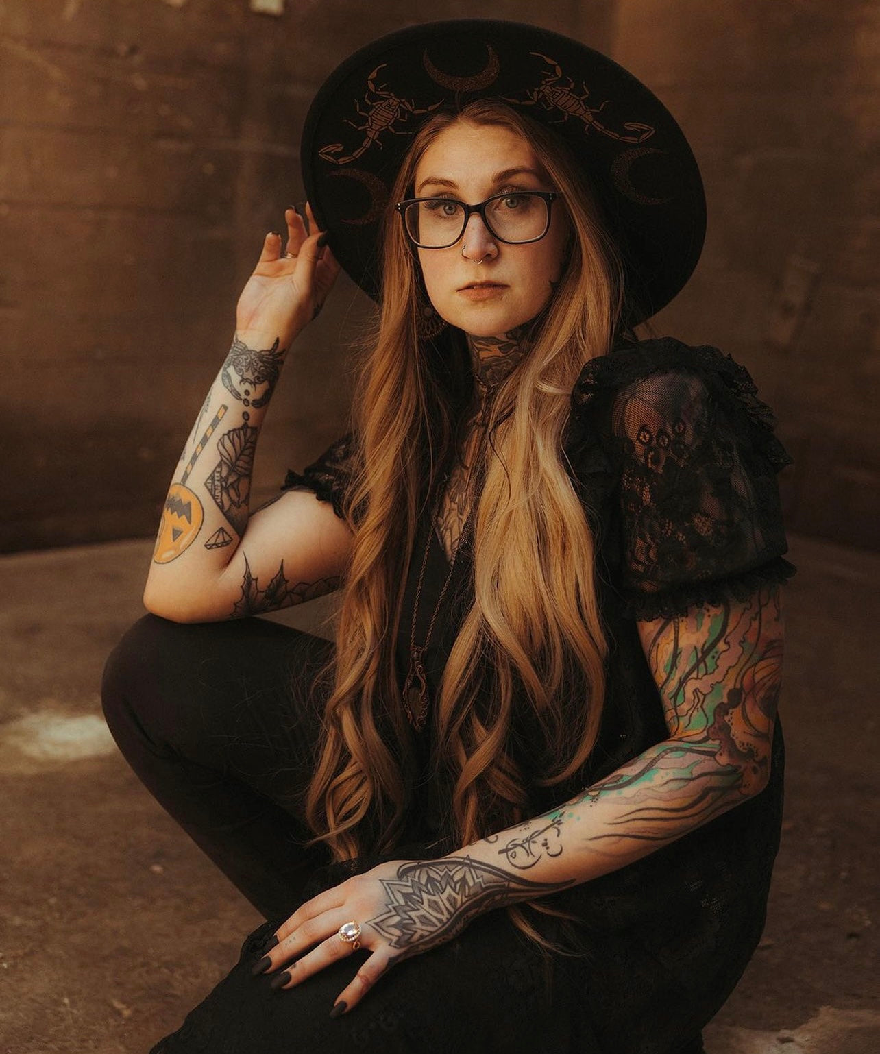 Vegan Felt Hat - XL Brim - "Scorpions & Moons" -  - 