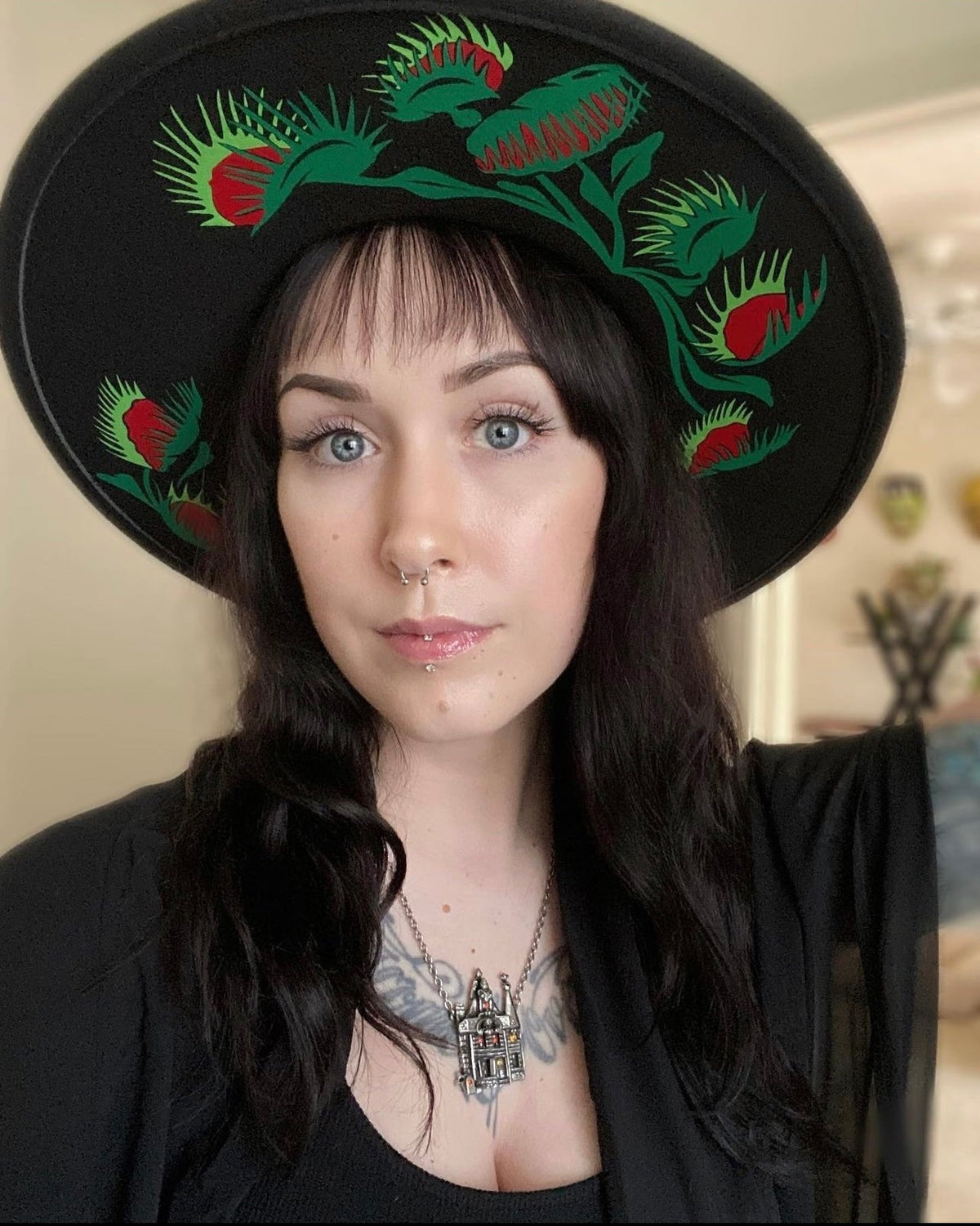 Vegan Felt Wide Brim Hat - XL Brim - "Venus Fly Traps" -  - 
