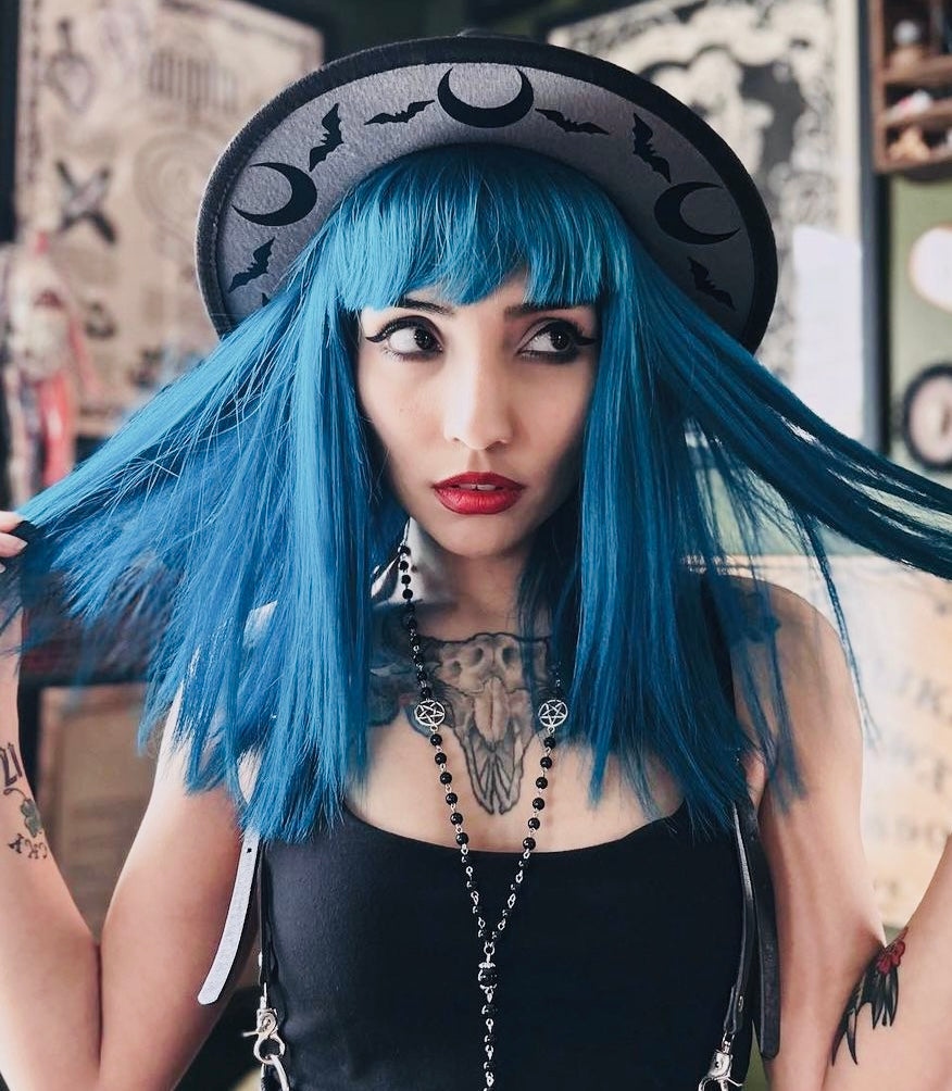 Vegan Felt Wide Brim Hat - "Charcoal Bat Moon" -  - 