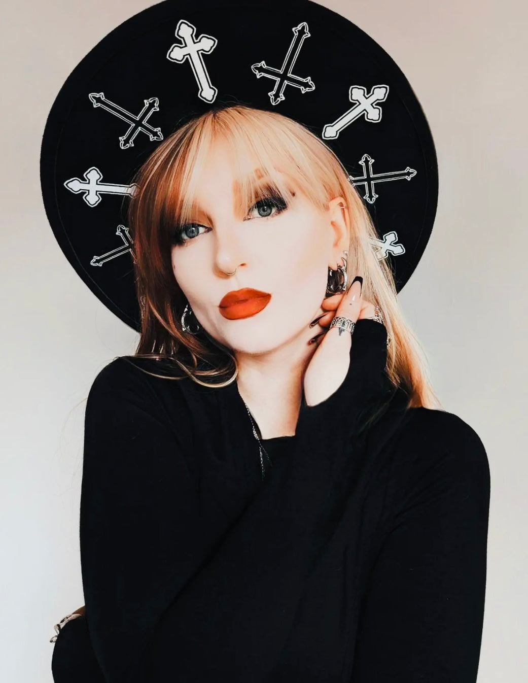 Vegan Felt Wide Brim Hat - XL Brim - "Crosses" -  - 