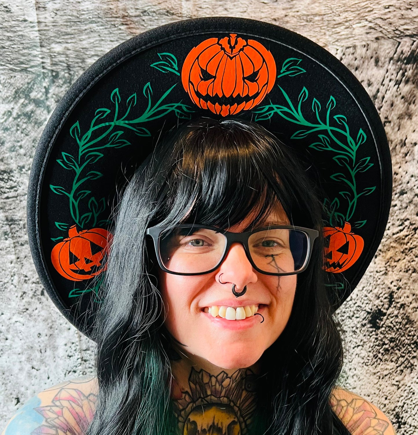 Vegan Felt Wide Brim Hat - XL Brim - Jack-o-lantern Vines -  - 