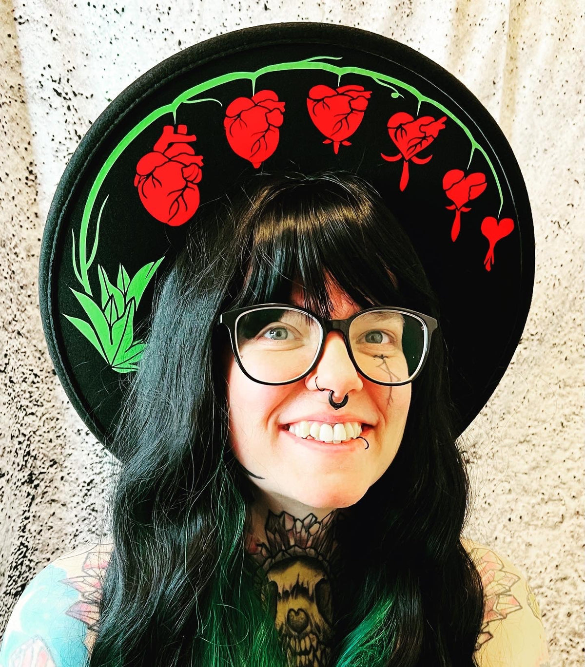 Vegan Felt Hat - XL Brim - Bleeding Hearts floral -  - 