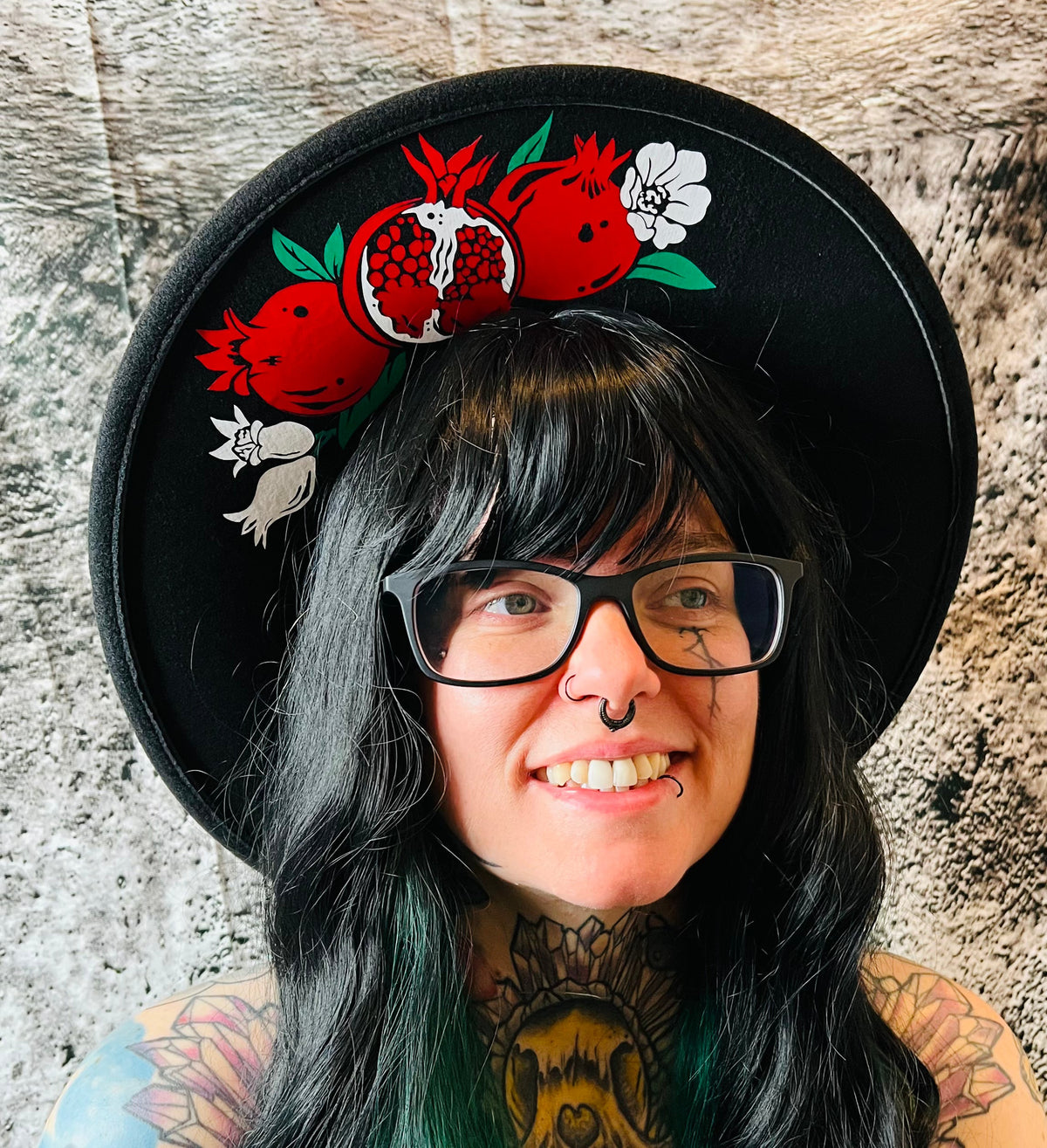 Vegan Felt Wide Brim Hat - XL Brim - Pomegranates -  - 
