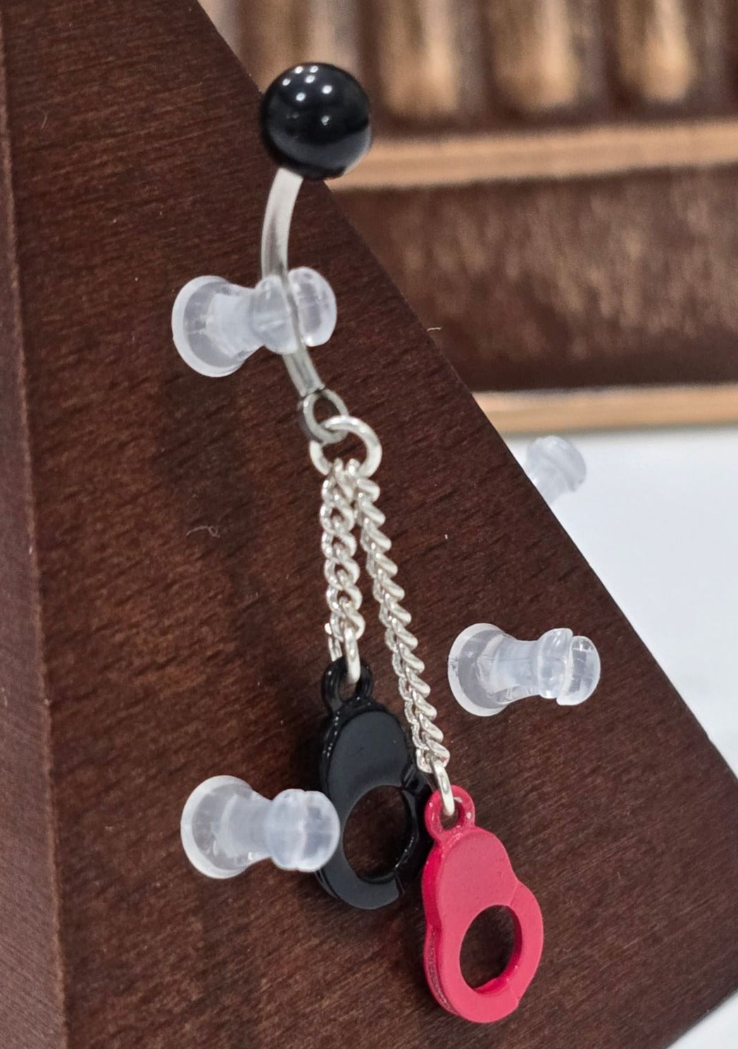 Painful Pleasures Black & Red Handcuff Dangle Navel Ring in 14G Surgical Steel