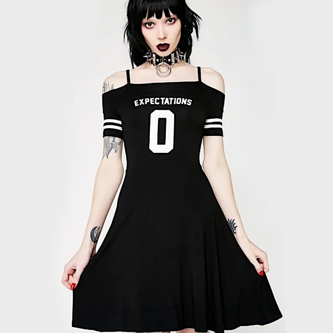 Zero Expectations Dress | Bardot Gothic Black Skater Off Shoulders Dress - Killstar - Dresses