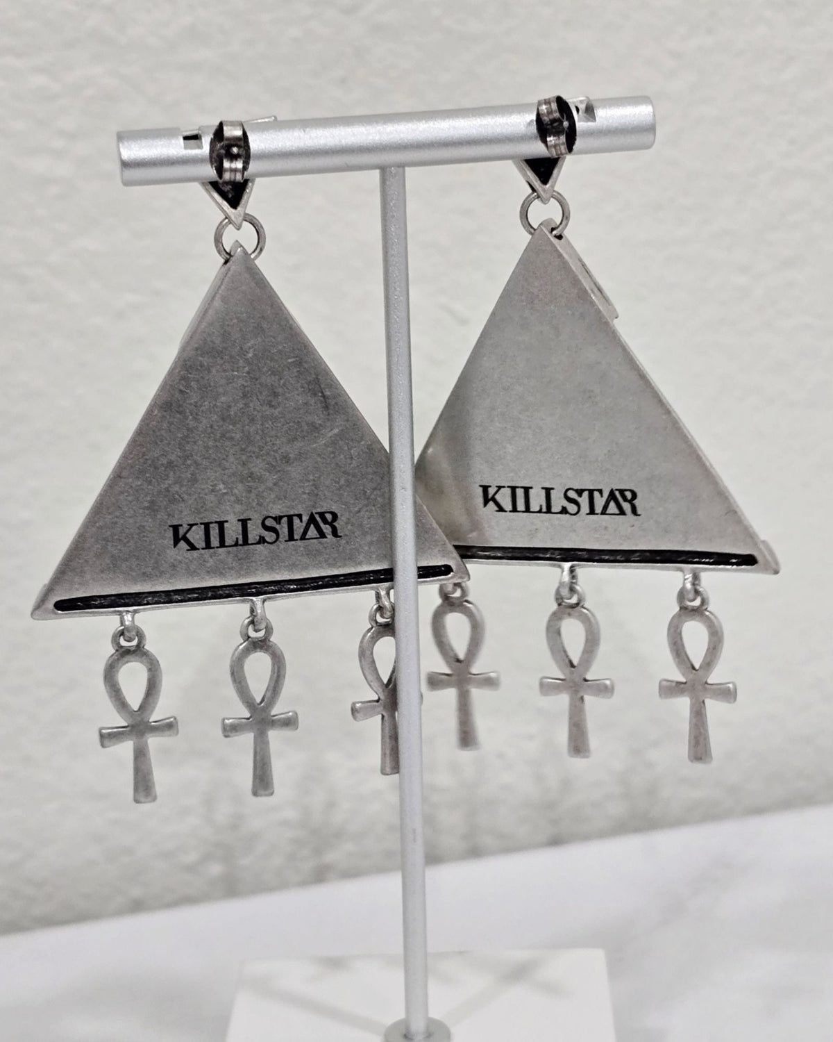 Killstar Heaven Sent Silver Egyptian Triangle Ankh Chandelier Drop Earrings