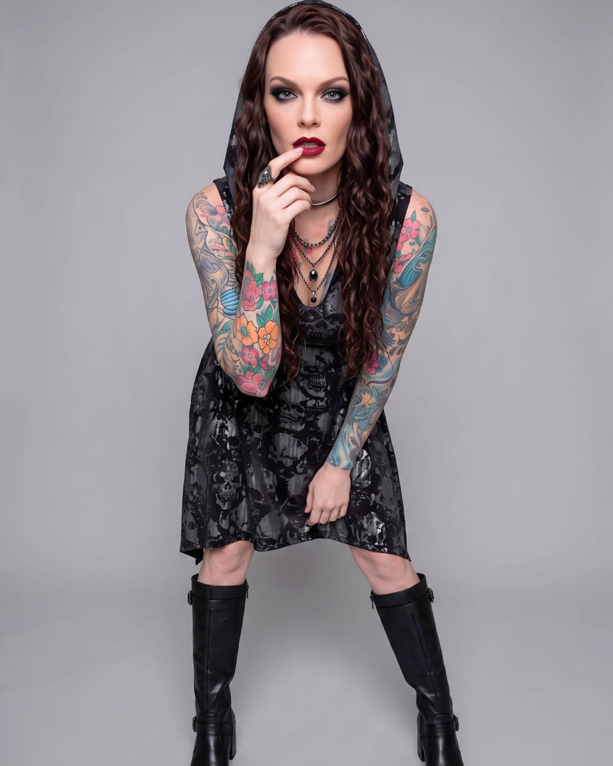Killstar Chaos Metallic Skull Hooded Cut Out Asymmetric Tunic Dress Small