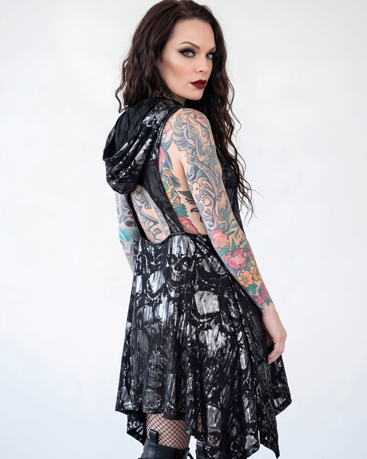 Killstar Chaos Metallic Skull Hooded Cut Out Asymmetric Tunic Dress Small