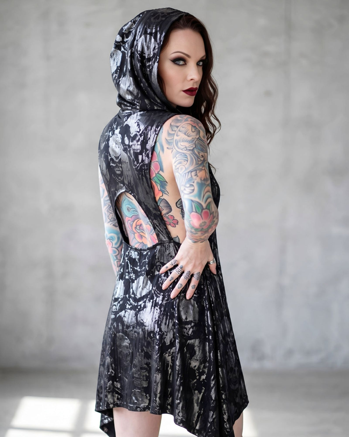 Killstar Chaos Metallic Skull Hooded Cut Out Asymmetric Tunic Dress Small