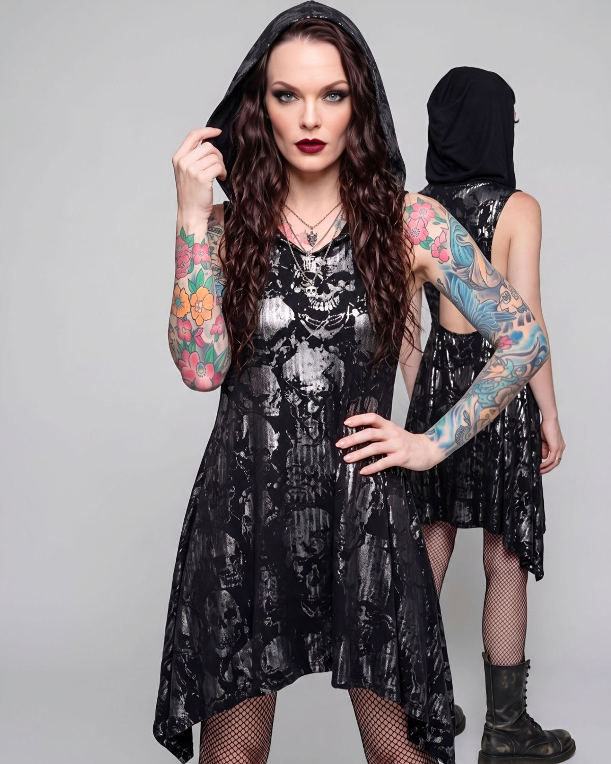 Killstar Chaos Metallic Skull Hooded Cut Out Asymmetric Tunic Dress Small