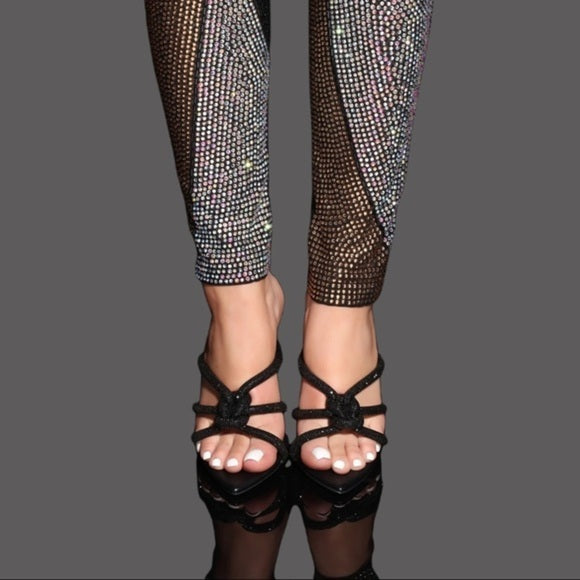 Black Glitter Pointed Toe Mule Heels with Knotted Strap Detail