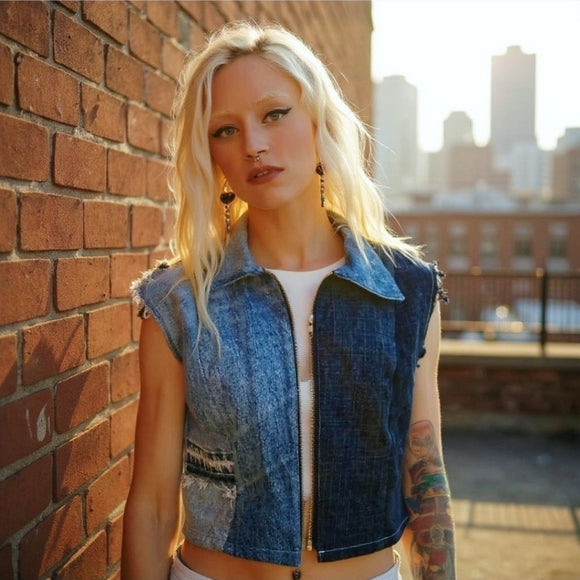 Reworked Denim Sleeveless Patchwork Zip Shirt