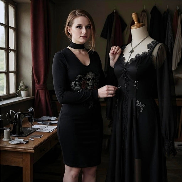 Woman in a black dress standing next to a mannequin in a room with sewing equipment.