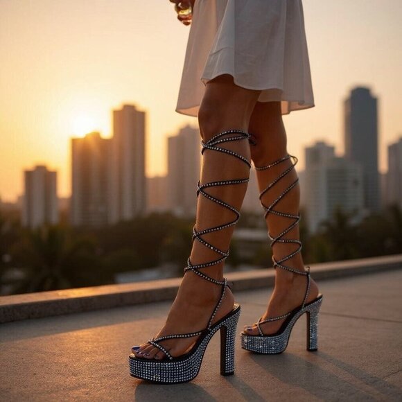 Blue Rhinestone Knee-High Lace-Up Platform Heels